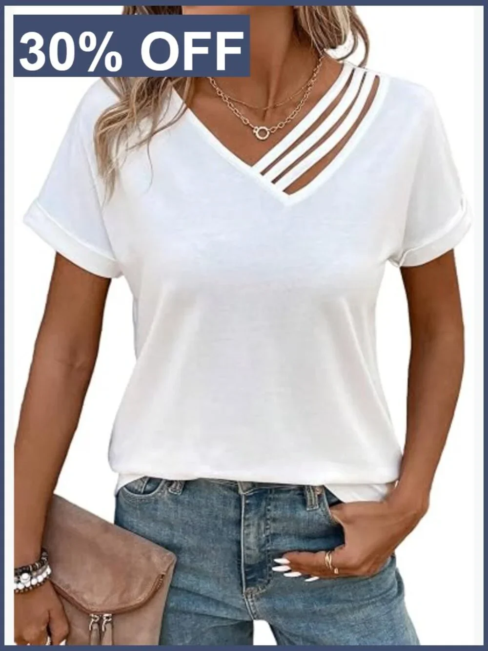 Short Sleeve V-Neck Cut Out T-Shirt Casual Summer Work Tee